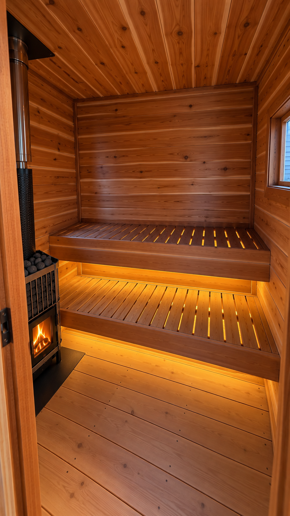 Wood-fired stove beside warmly lit cedar benches